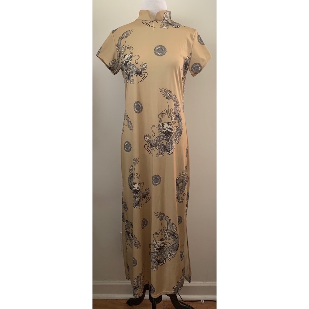 Vintage Y2K Dragon Print Cheongsam Maxi Dress
